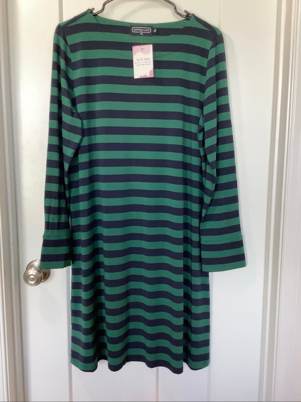 New Duffield Lane Women's Striped A-Line Davis Dress Navy Green Size Large